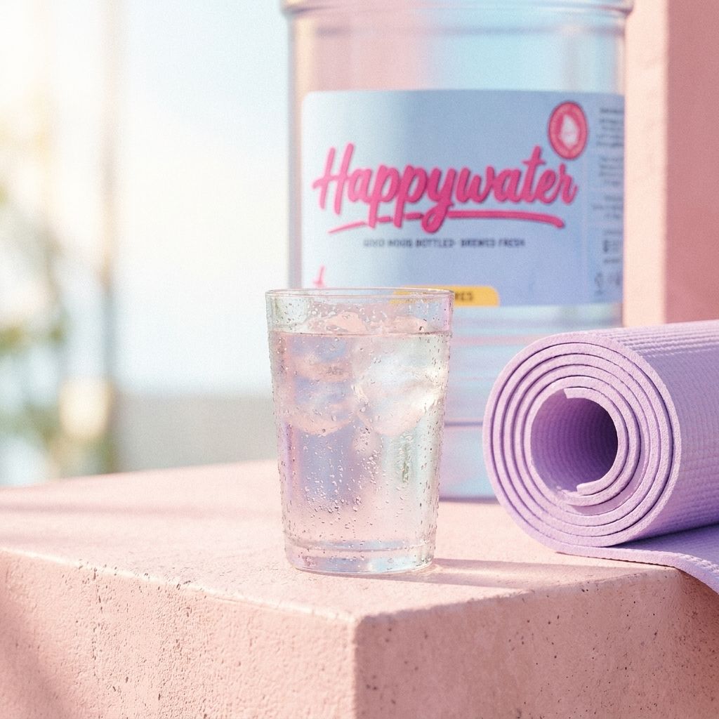 Iced glass of Happywater with a yoga mat