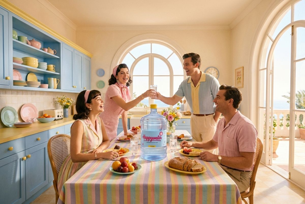 Friends sharing water at a colourful dinner table