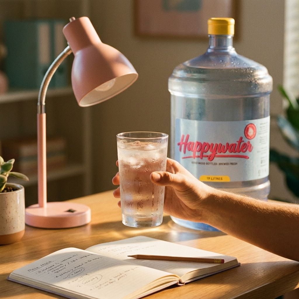 Cold glass of Happywater on a sunny desk